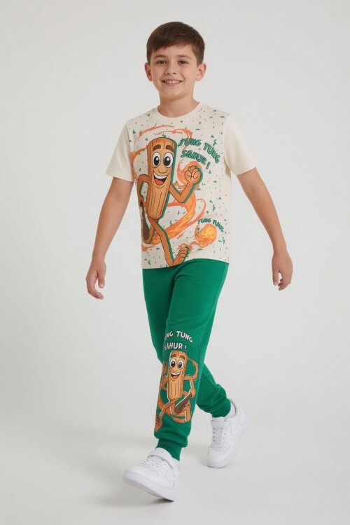 Yeşil Baskılı Bisiklet Yaka Tişörtlü Beli Lastikli Erkek Çocuk 2li Takım 23885