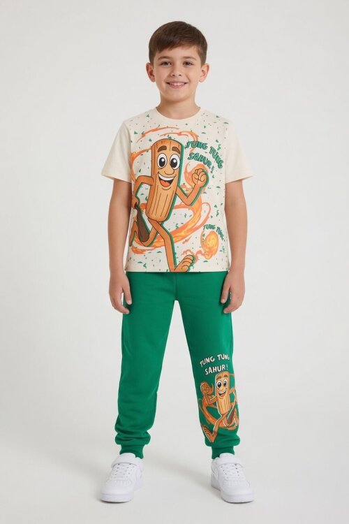Yeşil Baskılı Bisiklet Yaka Tişörtlü Beli Lastikli Erkek Çocuk 2li Takım 23885