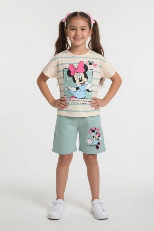 Yeşil Çizgi Desenli Karakter Baskılı Kız Çocuk Tişörtlü Şortlu Takım 23868