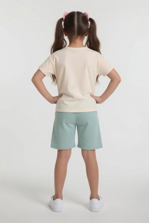 Yeşil Çizgi Desenli Karakter Baskılı Kız Çocuk Tişörtlü Şortlu Takım 23868