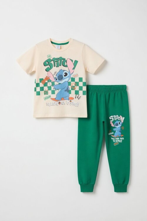 Yeşil Çizgi Karakter Baskılı Tişörtlü Erkek Çocuk Eşofman Takımı 23872