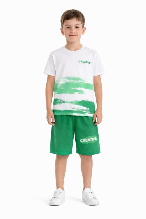 Yeşil Creative Yazılı Desenli Tişörtlü Erkek Çocuk Şortlu Takım 23790