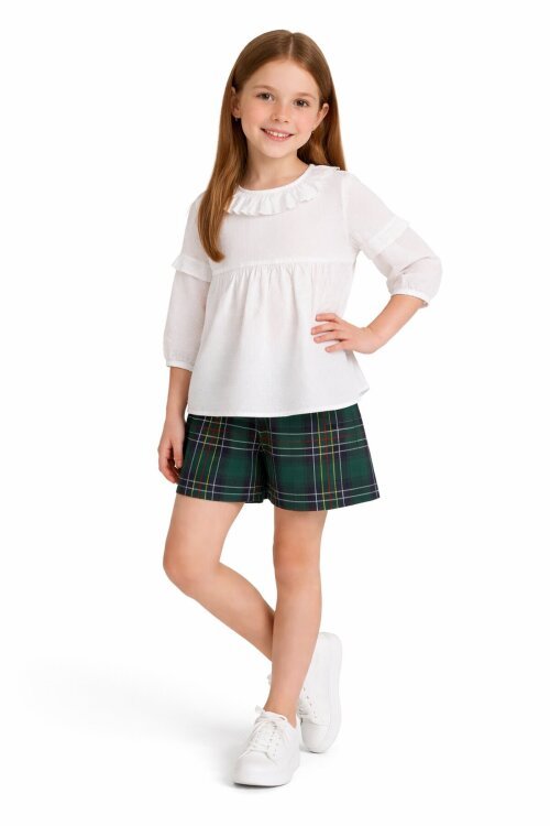 Yeşil Ekose Desenli Şort Etekli Gömlekli Kız Takım 17976