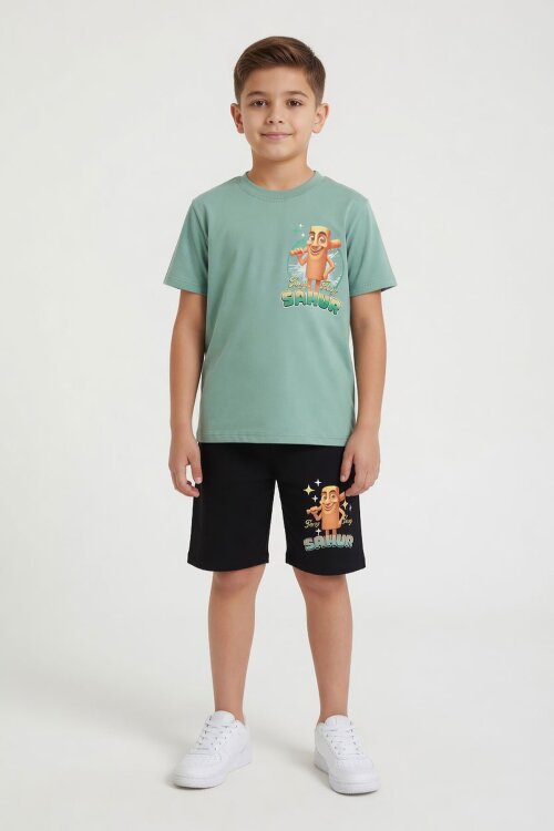 Yeşil Erkek Çocuk Bisiklet Yaka Tişörtlü Şortlu 2li Baskılı Takım 23999