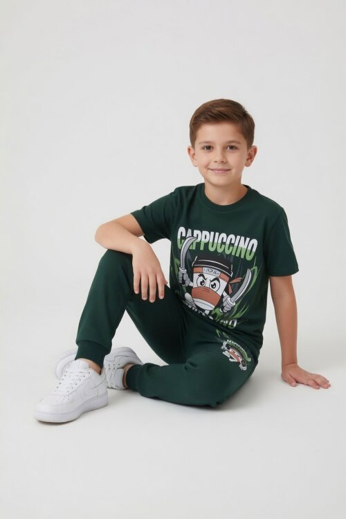 Yeşil Karakter Baskılı Bisiklet Yaka Tişörtlü Erkek Çocuk Eşofmanlı Takım 23846