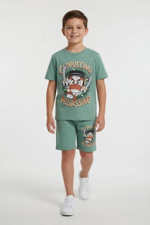 Yeşil Karakter Baskılı Bisiklet Yaka Tişörtlü Erkek Çocuk Şortlu Takım 23841