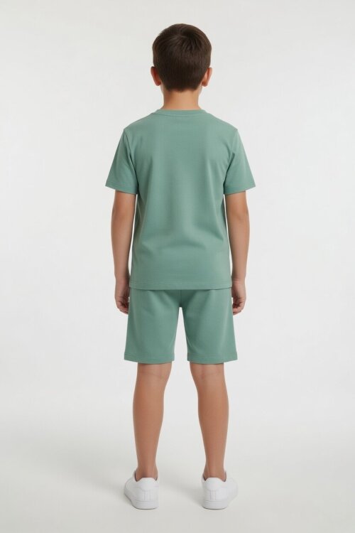 Yeşil Karakter Baskılı Bisiklet Yaka Tişörtlü Erkek Çocuk Şortlu Takım 23841