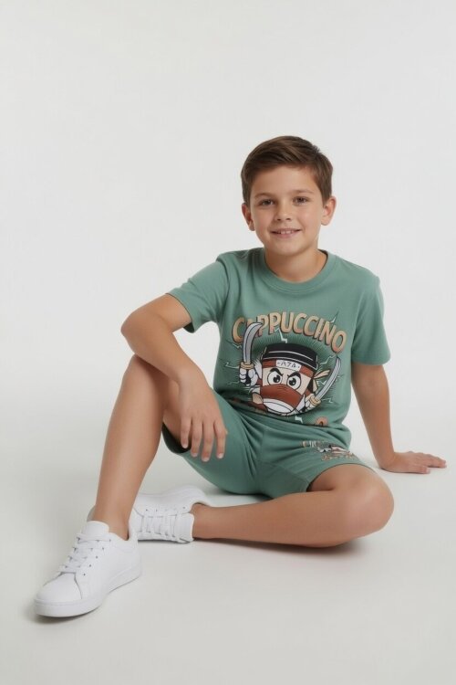 Yeşil Karakter Baskılı Bisiklet Yaka Tişörtlü Erkek Çocuk Şortlu Takım 23841