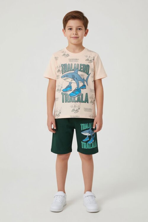 Yeşil KöpekBalığı Baskılı Bisiklet Yaka Erkek Çocuk Şortlu Takım 23837