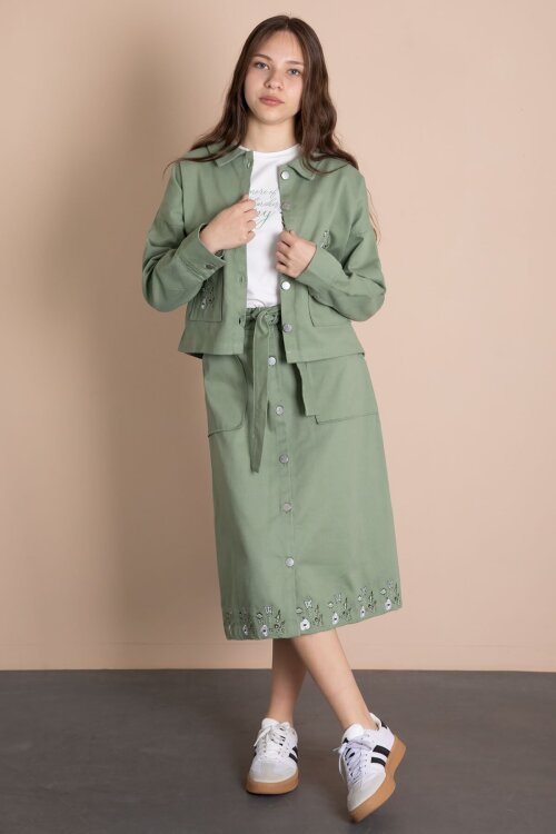 Yeşil Nakış Detaylı Jean Ceketli Kuşaklı Etekli Kız Çocuk 3lü Takım  24044