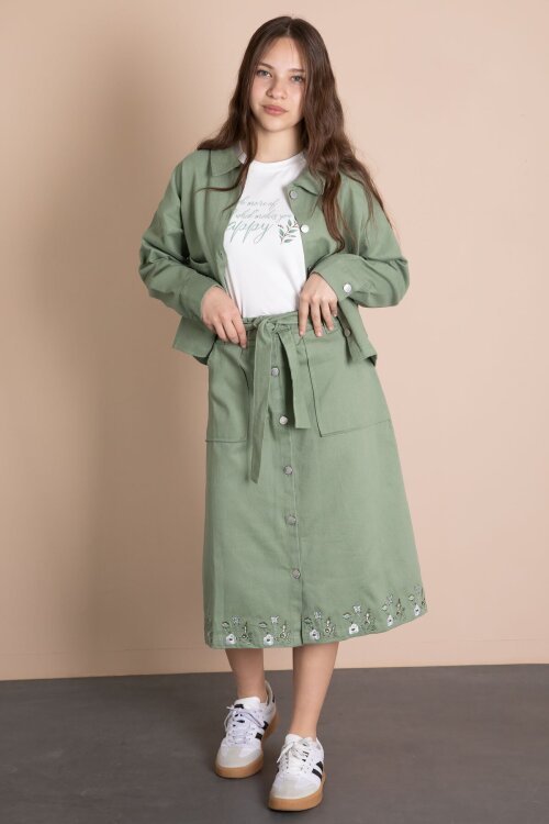 Yeşil Nakış Detaylı Jean Ceketli Kuşaklı Etekli Kız Çocuk 3lü Takım  24044