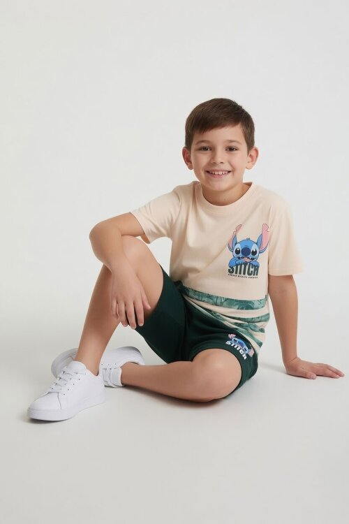 Yeşil Palmiye Desenli Çizgili Tişörtlü Erkek Çocuk Şortlu 2li Takım 23930