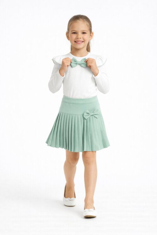 Yeşil Piliseli Etekli Uzun Kol Badili Kız Çocuk Elbise Takımı 17743