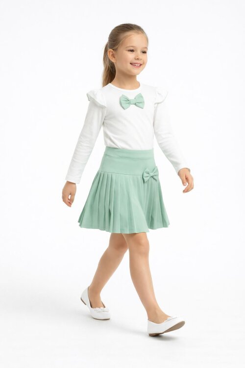 Yeşil Piliseli Etekli Uzun Kol Badili Kız Çocuk Elbise Takımı 17743