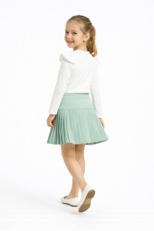 Yeşil Piliseli Etekli Uzun Kol Badili Kız Çocuk Elbise Takımı 17743