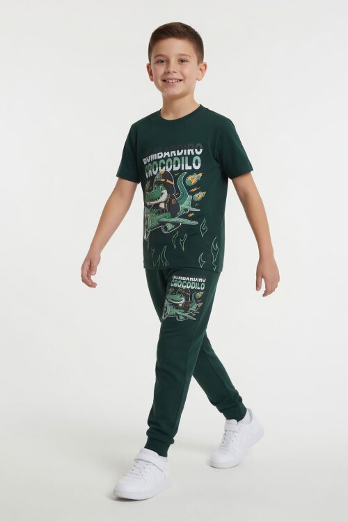 Yeşil Timsah Baskılı Eşofmanlı Erkek Çocuk Tişörtlü 2li Takım  23914