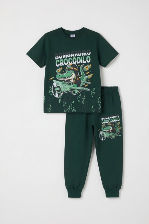 Yeşil Timsah Baskılı Eşofmanlı Erkek Çocuk Tişörtlü 2li Takım  23914