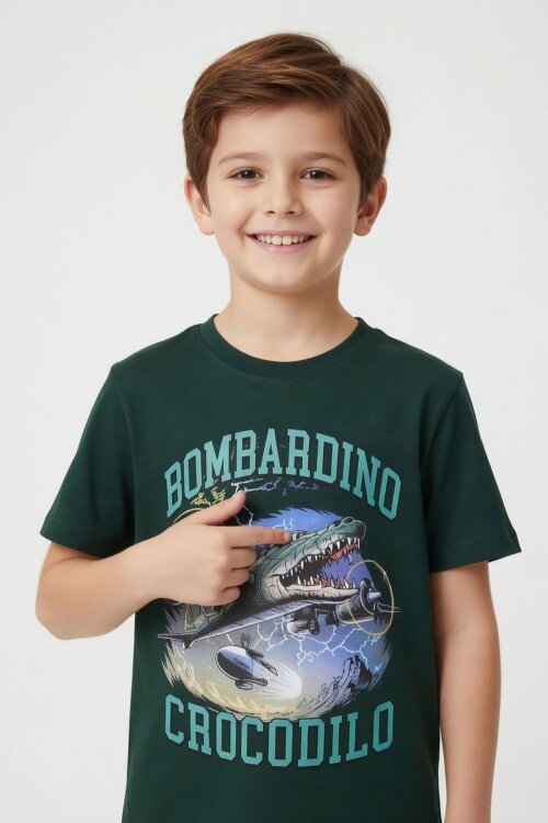 Yeşil Uçak Baskılı Yazılı Tişörtlü Erkek Çocuk Şortlu 2li Takım 23921