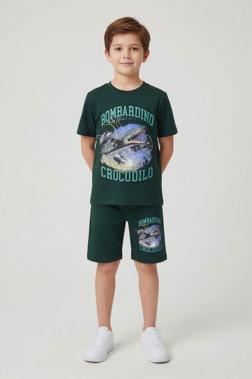 Yeşil Uçak Baskılı Yazılı Tişörtlü Erkek Çocuk Şortlu 2li Takım 23921