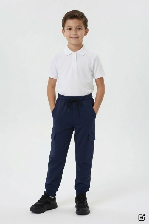 Koyu Lacivert Beli Lastikli Basic Kargo Cepli Erkek Çocuk Okul Eşofman Altı 19128