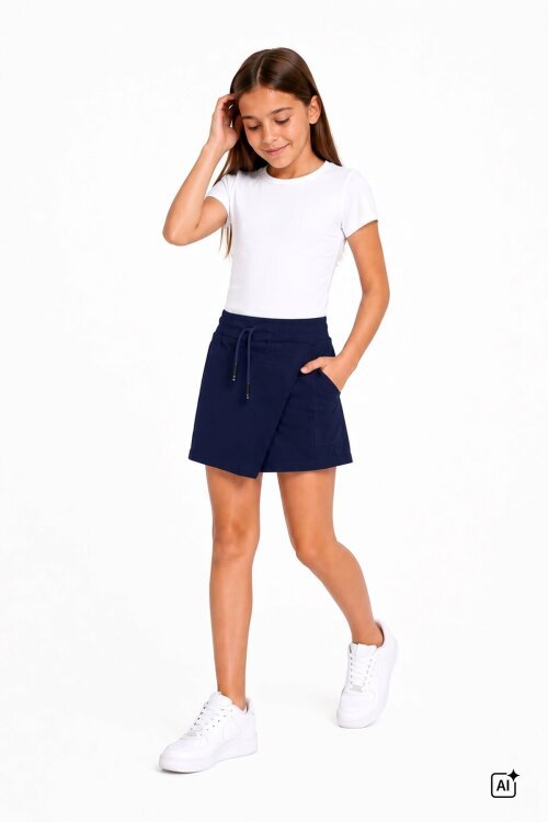 Lacivert Kız Çocuk Beli Lastikli Basic Okul Şort Etek  24757