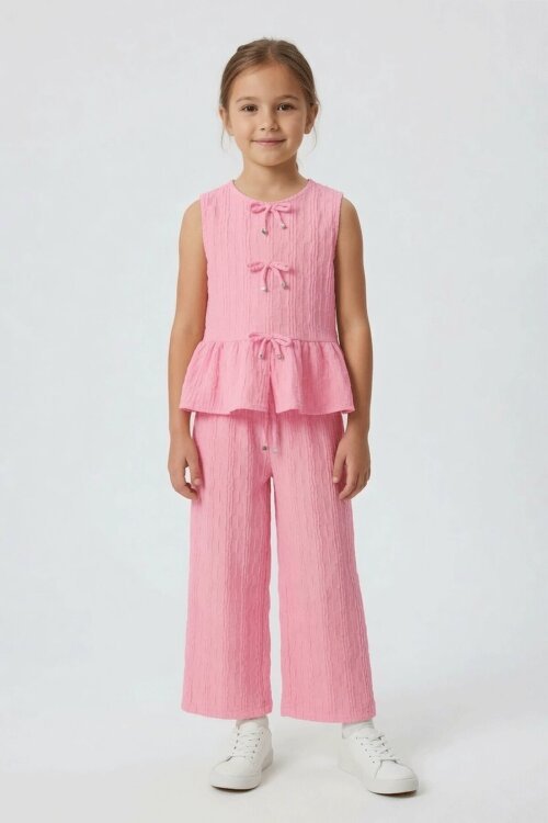 Pembe Sıfır Kol Fiyonklu Bluz Geniş Paça Pantolonlu Kız Çocuk 2li Takım  24712
