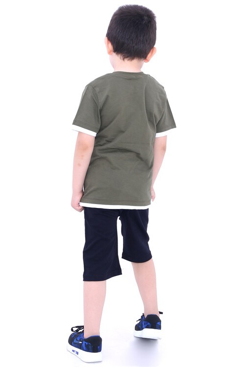 Erkek Çocuk Haki Yazı Baskı Nakışlı 1-8 Yaş Şortlu Takım 4775-3