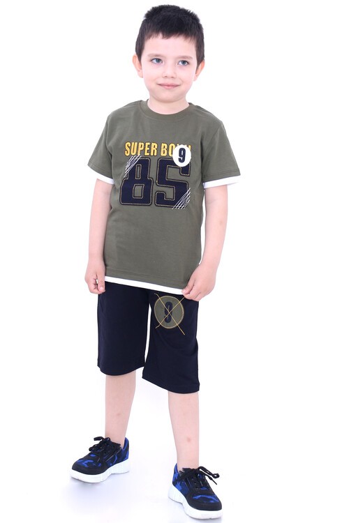 Erkek Çocuk Haki Yazı Baskı Nakışlı 1-8 Yaş Şortlu Takım 4775-3