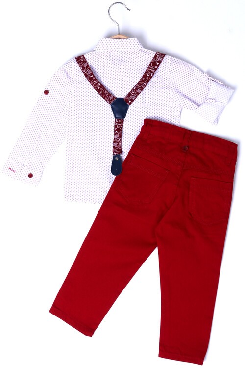 Erkek Çocuk Kırmızı Artı Desen 1-4 Yaş Oxford Gömlek Takım 12091