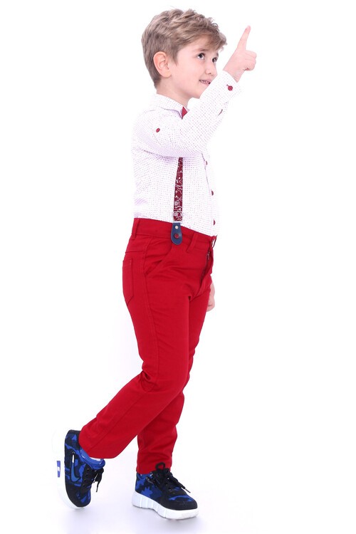 Erkek Çocuk Kırmızı Yazı Desen 4-8Yaş Oxford Gömlekli Takım 6131