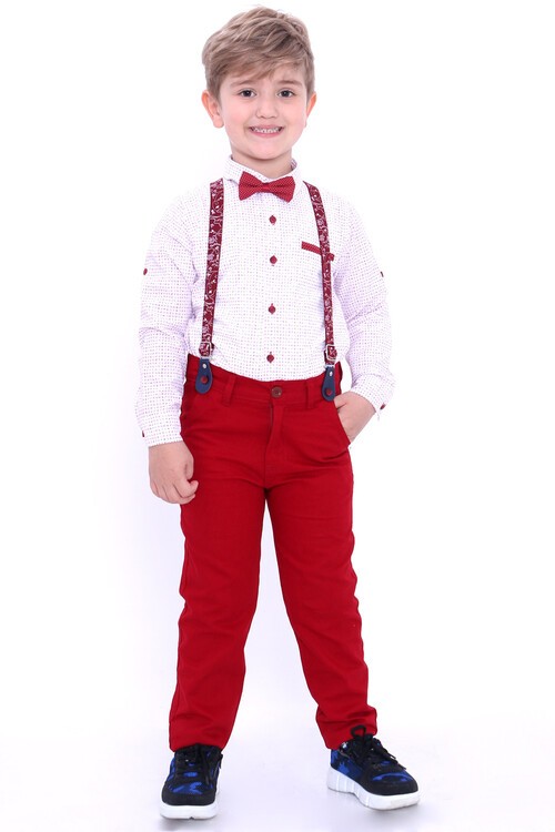 Erkek Çocuk Kırmızı Yazı Desen 4-8Yaş Oxford Gömlekli Takım 6131