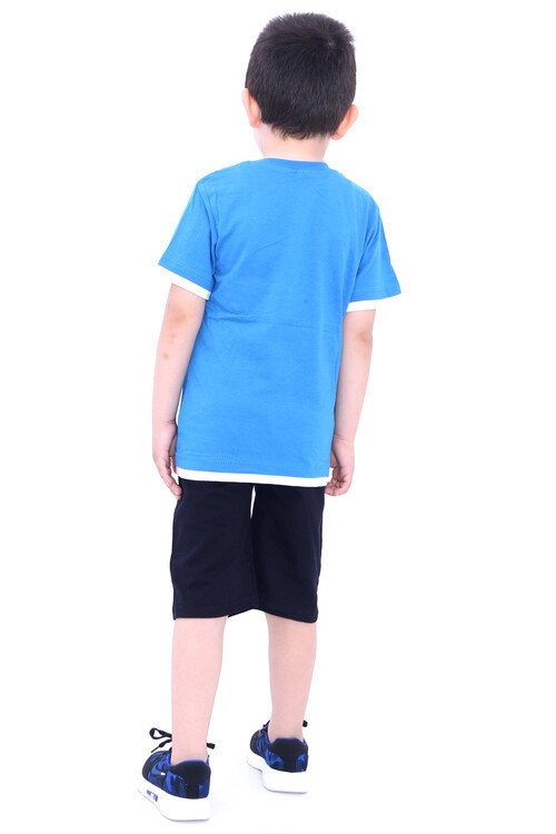 Erkek Çocuk Mavi Yazı Baskı Nakışlı 1-8 Yaş Şortlu Takım 4775-5