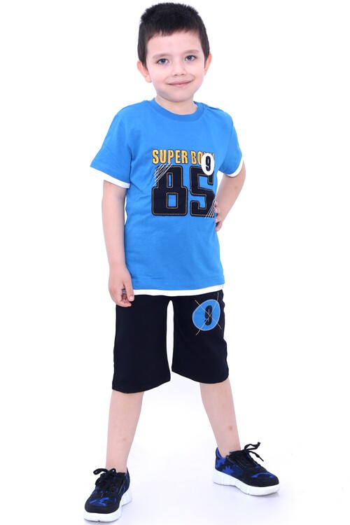 Erkek Çocuk Mavi Yazı Baskı Nakışlı 1-8 Yaş Şortlu Takım 4775-5