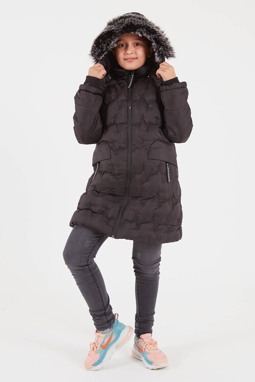 Kız Çocuk Siyah Kürklü Nice Yazı Fermuarlı Mont 2-15 Yaş 13346