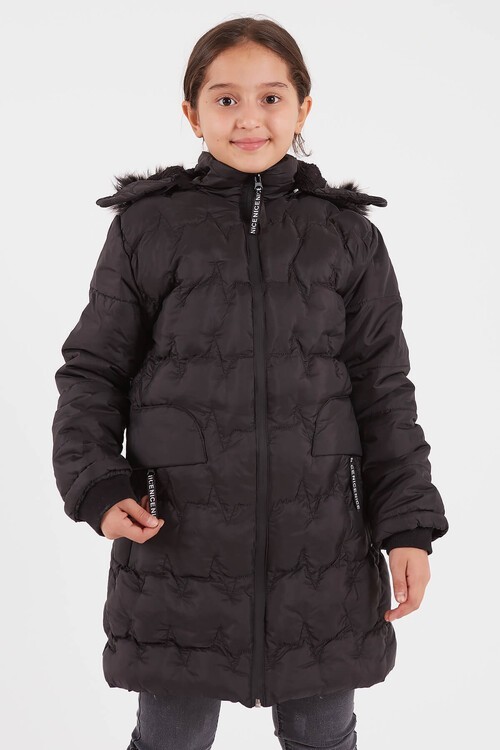 Kız Çocuk Siyah Kürklü Nice Yazı Fermuarlı Mont 2-15 Yaş 13346