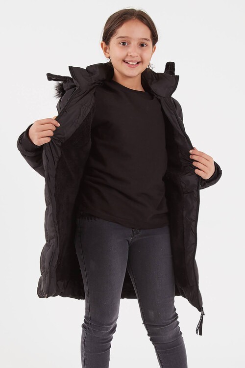 Kız Çocuk Siyah Kürklü Nice Yazı Fermuarlı Mont 2-15 Yaş 13346