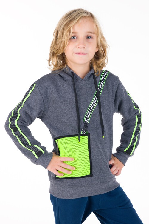 Erkek Çocuk Black Yazı Şeritli Kapşonlu Sweatshirt 14156