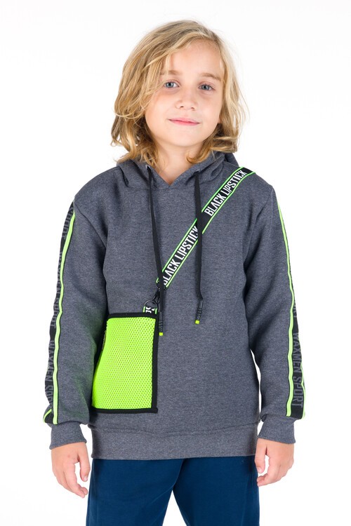 Erkek Çocuk Black Yazı Şeritli Kapşonlu Sweatshirt 14156