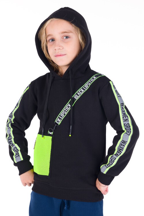 Erkek Çocuk Black Yazı Şeritli Kapşonlu Sweatshirt 14156