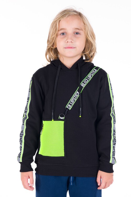 Erkek Çocuk Black Yazı Şeritli Kapşonlu Sweatshirt 14156