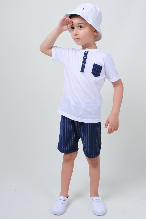 Erkek Çocuk Cep Detaylı Çizgili 2 li Takım 14107