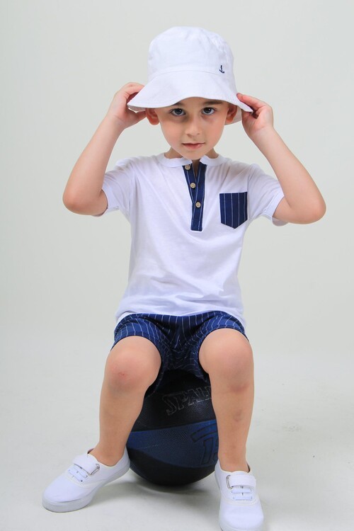 Erkek Çocuk Cep Detaylı Çizgili 2 li Takım 14107