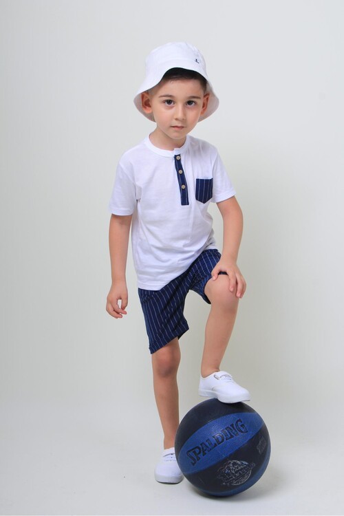 Erkek Çocuk Cep Detaylı Çizgili 2 li Takım 14107