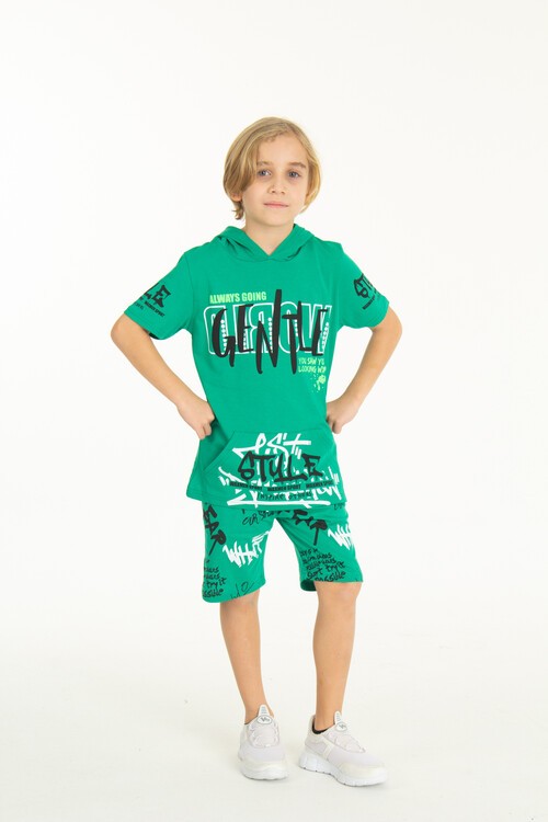 Erkek Çocuk Cepli Kapüşonlu Şortlu Takım 4-14 Yaş 14009