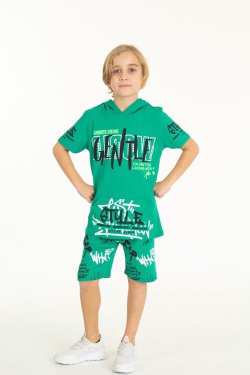 Erkek Çocuk Cepli Kapüşonlu Şortlu Takım 4-14 Yaş 14009