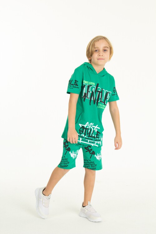 Erkek Çocuk Cepli Kapüşonlu Şortlu Takım 4-14 Yaş 14009