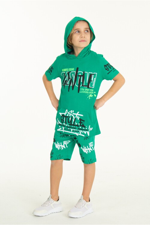 Erkek Çocuk Cepli Kapüşonlu Şortlu Takım 4-14 Yaş 14009