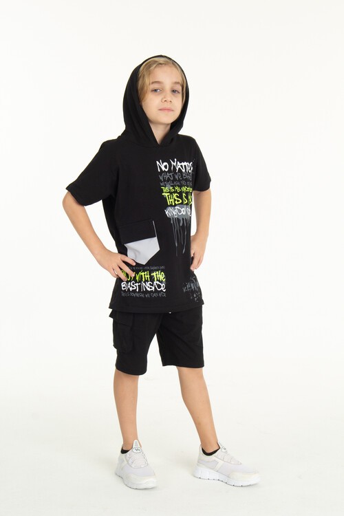 Erkek Çocuk Cepli Kapüşonlu Şortlu Takım 9-14 Yaş 14010