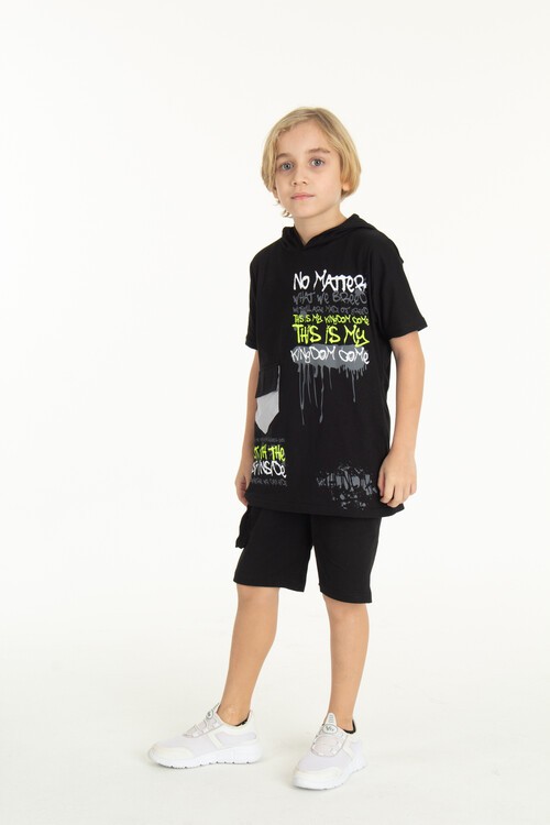 Erkek Çocuk Cepli Kapüşonlu Şortlu Takım 9-14 Yaş 14010