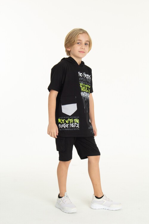 Erkek Çocuk Cepli Kapüşonlu Şortlu Takım 9-14 Yaş 14010